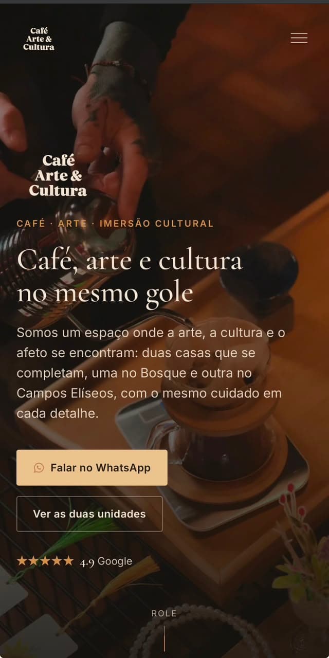 Landing page do Café Arte & Cultura em tela mobile